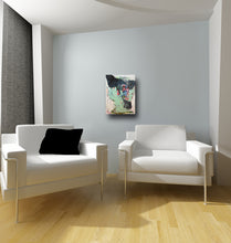 beautiful blue green and black artwork displayed on wall with two chairs