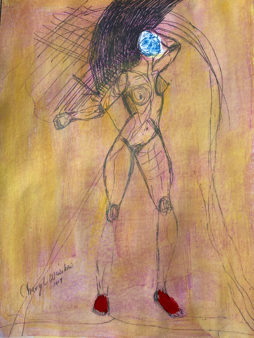 abstract painting of femail with red feet and white face