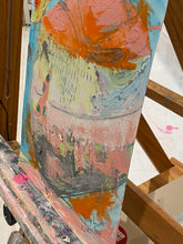 side view of orginal painting with texture orange, blue, yellow on paper