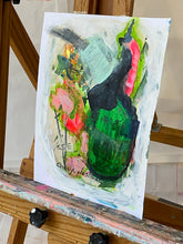 floral green and pink painting with vase displayed on easel by artist cheryl wasilow