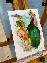 beautiful  and pink floral painting displayed on wooden easel by artist cheryl wasilow