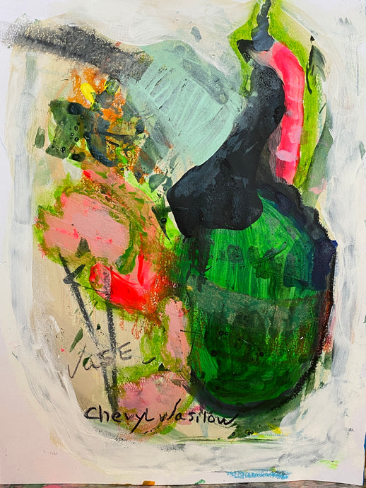green and pink painting of vase and flowers by artist cheryl wasilow