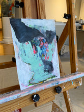 Blue contemporary original artwork displayed on easel n studio