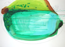 Abstract art piece with green and yellow colors on a white background