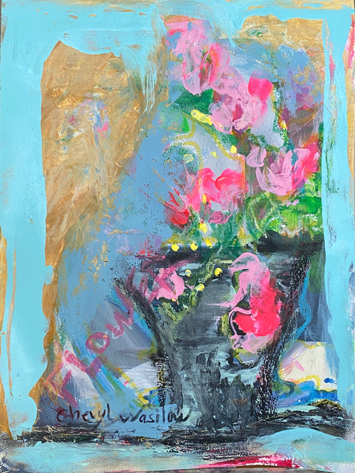 flowers in pot art on paper by artist cheryl wasilow