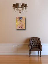 abstract female nude with red feet and white face on wall with brown chair and chandelier by cheryl wasilow artist
