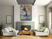 large blue and black modern art in contemporary living room