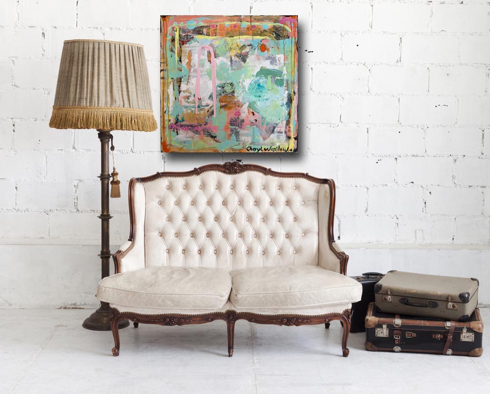 blue, green painting on wall with settee and lamp by cheryl wasilow