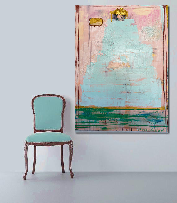 metallic gold, pink and blue large mixed media painting by cheryl wasilow