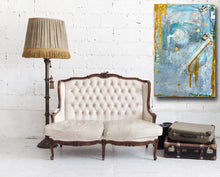 blue and metallic gold mixed media painting with sofa by cheryl wasilow
