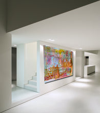 horizontal abstract in large size in bright colors pink, blue, orange, yellow by Cheryl Wasilow