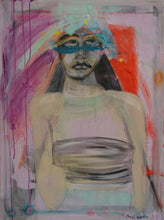 painting of woman wearing mask and bridal gown red, purple and aqua with texture by cheryl wasilow