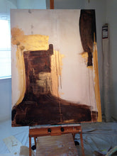 brown and metallic gold contemporary art painting large size in art studio by cheryl wasilow