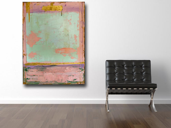 pink, aqua metallic gold mixed media large painting by cheryl wasilow