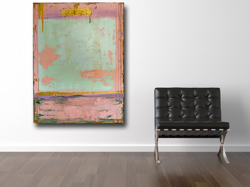 pink, aqua metallic gold mixed media large painting by cheryl wasilow