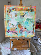 pink, orange, blue abstract painting on easel by cheryl wasilow