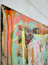 close up of abstract painting orange and seafoam blue by cheryl wasilow