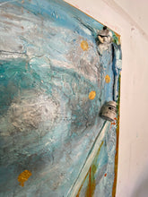 blue and metallic gold painting with mixed media on surface by cheryl wasilow