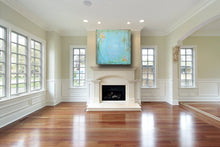 blue painting over fireplace by cheryl wasilow