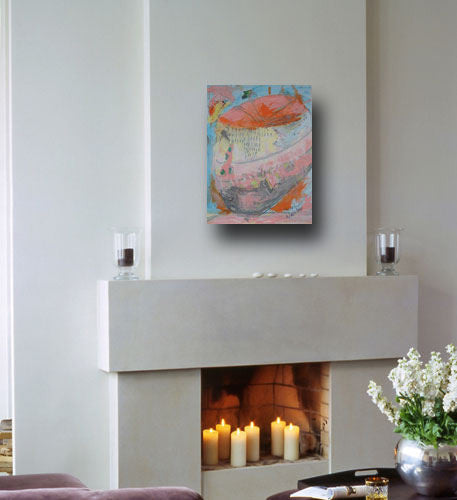 Blue and orange painting of vase and flowers by artist Cheryl Wasilow displayed over fireplace