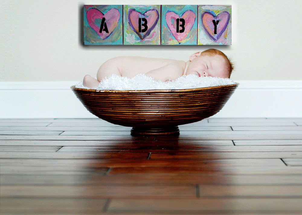 baby girl abby personalized wall art name abby original heart paintings on canvas pink, green by cheryl wasilow