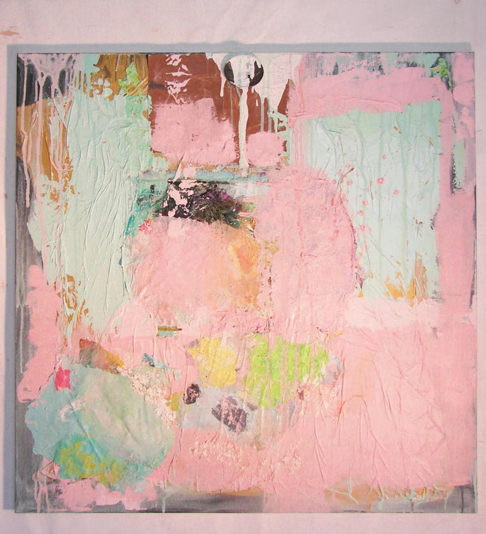 Here is a mixed media painting using sand paper, packing paper, a belt buckle, egg shells and paint.