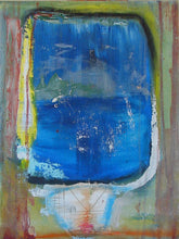 Abstract painting with a prominent blue area on a multicolored background