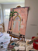 large pink painting with door and palm tree by cheryl  wasilow