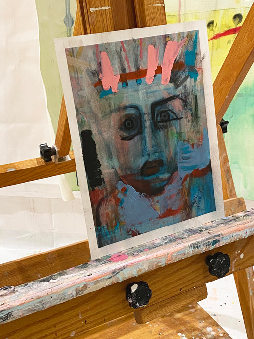outsider art, dark portrait on easel 