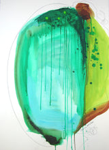 Abstract art piece with green and yellow colors on a white background