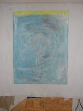 light blue and yellow abstract art on studio wall by cheryl wasilow artist