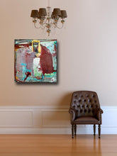 ordered chaos 30 x 30 abstract art on wall with brown chair and brown chandelier