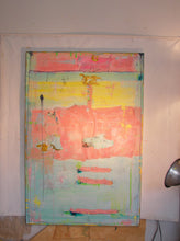 huge gallery canvas painting with pink, yellow and pastel aqua colors with texture and heavy paint