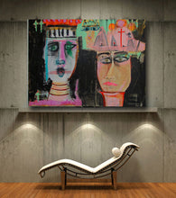 Huge figure painting 36 x 48 horizontal artwork with 3 colorful faces on black background with white chair