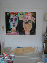 Whimsical funky painting with 3 tribal primitive heads on horizontal 36 x 48 large canvas by cheryl wasilow 