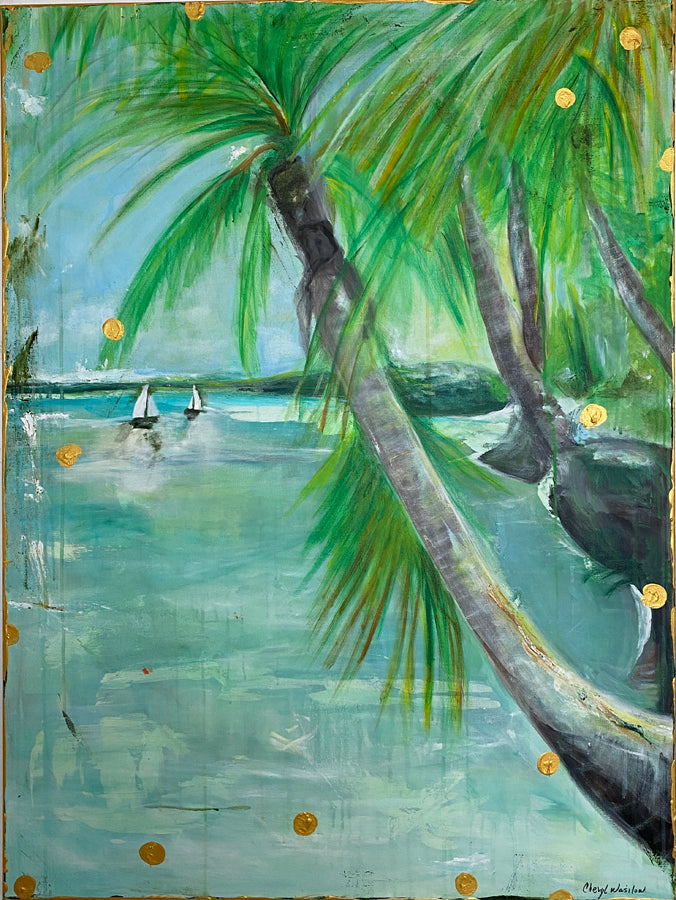 Atutaki island painting, sailboats on ocean, gold dots, palm tree painting by cheryl wasilow