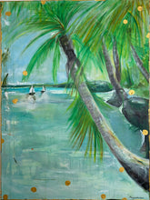 beach scene sailboats ocean blue water and palm trees on canvas