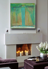 large square shaped original art in aqua green and yellow on wall over fireplace with flowers by cherylwasilowart