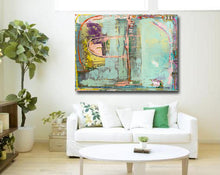 abstract painting with soft blue color aqua on wall over sofa by artist cheryl wasilow