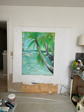 seaside artwork with blue ocean and green palm trees