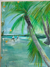 palm trees and sailboats on ocean lagoon