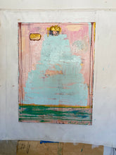 blue, pink and metallic gold heavily textured painting by cheryl wasilow