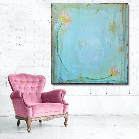 abstract painting on wall with pink chair by cheryl wasilow