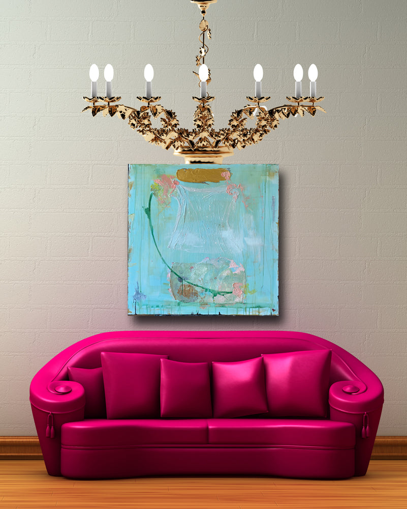 aqua mixed media painting with chandelier by cheryl wasilow