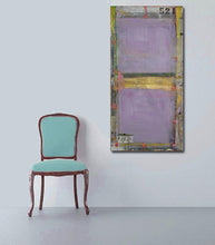 purple, green and metallic gold painting with texture on wall vertically 24 x 48 in room with blue chair