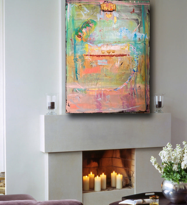brightly colored abstract painting on wall by artist Cheryl Wasilow