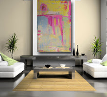 huge modern painting on wall yellow, blue and pink cherylwasilowart
