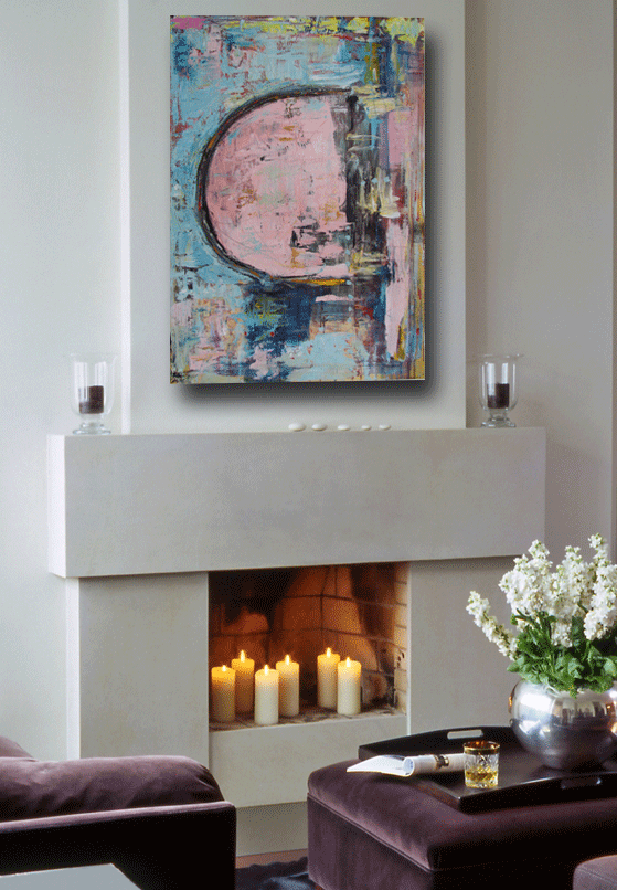 abstract painting with palette knife wall art heavy texture in blue, pink and yellow by cheryl wasilow