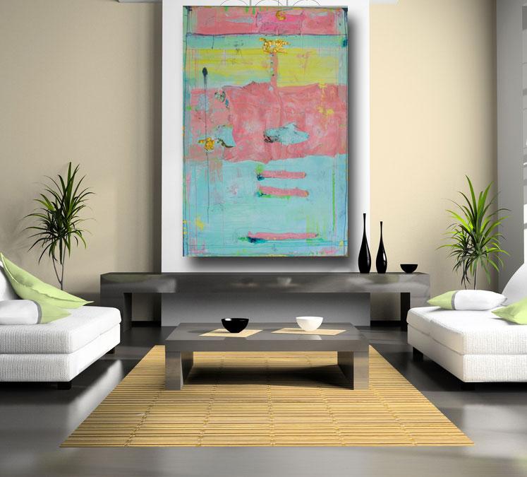 large 60 x 40 original painting in yellow, pink and aqua in living room as art on wall by cheryl wasilow