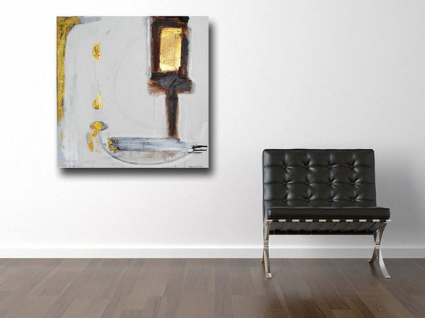 dark brown, white and metallic gold painting on wall beside black chair cherylwasilowart